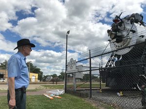 a locomotive engineer for BNSF Railway, paused to admire a surviving relic from the railroad’s early days