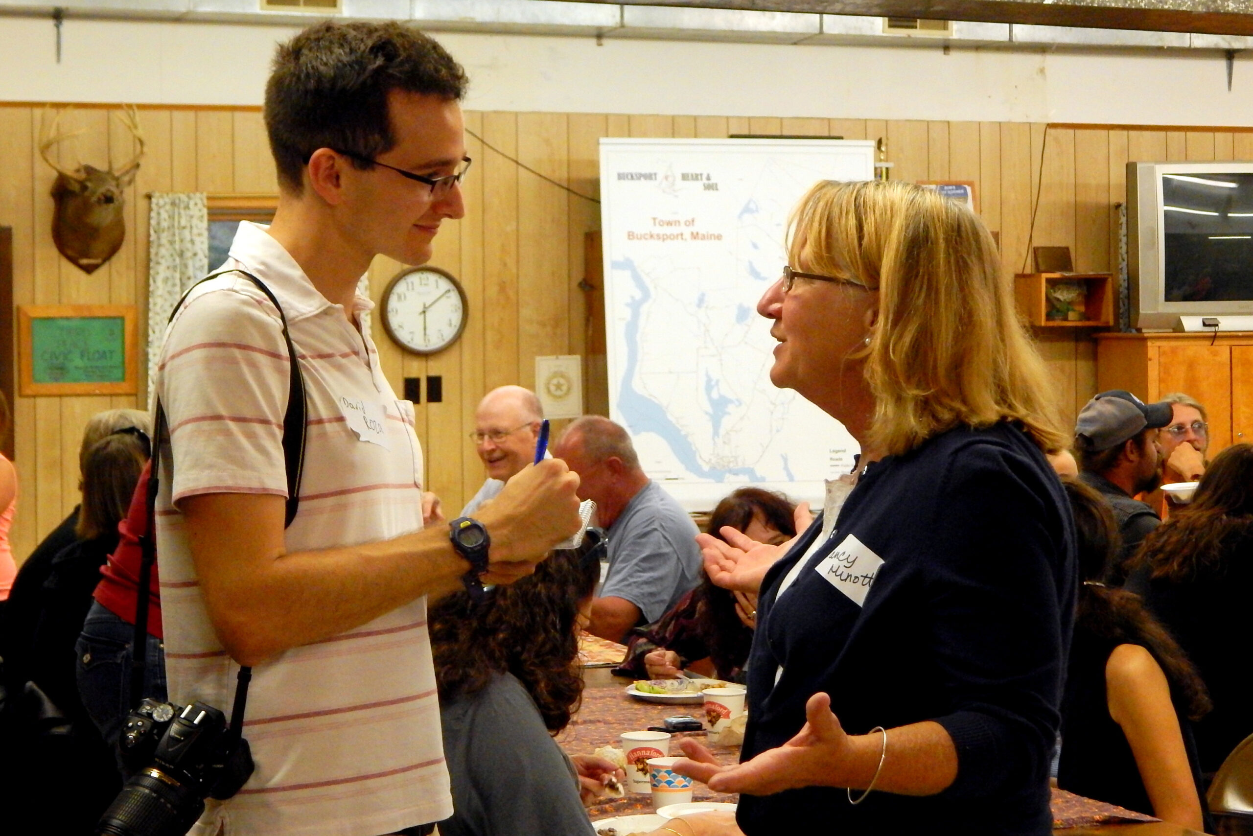 Nancy Minott, project coordinator Bucksport Heart & Soul in Bucksport, Maine, interviewed by a local reporter at an engagement event