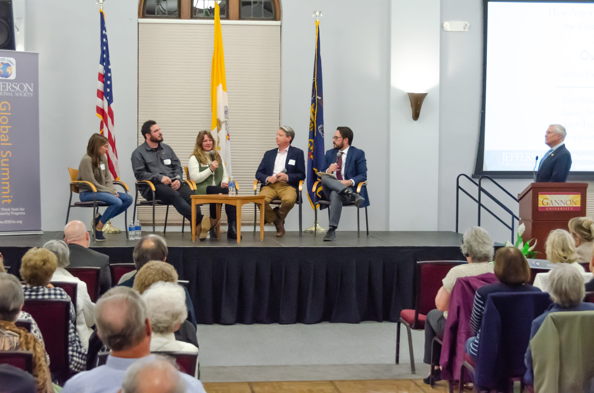 “How America’s Towns are Writing the Future of the Country,” Jefferson Educational Society Global Summit 2022 event featuring (from left) Heidi and Isaac Tucker, Alice Trowbridge, Jason Neises, Ben Speggen, and James Fallows. Photo by Pierre Bellicini, courtesy of JES.