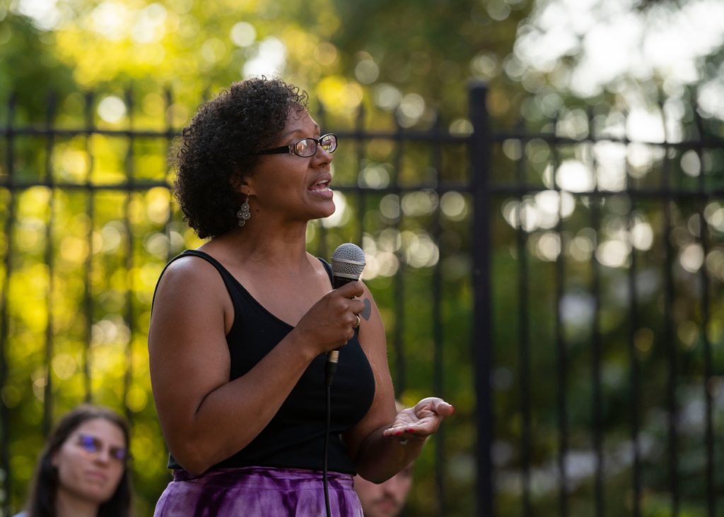 Meadville Mayor Jaime Kinder speaks during a Meadville Heart & Soul event outside the Meadville Public Library on Aug. 19, 2022. Photo by Nate Smallwood, courtesy of Community Heart & Soul.