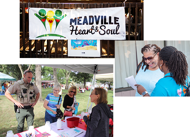 A collage of photos: A Meadville Heart & Soul banner, a smiling woman looking at a paper, a police officer looking at a crafts table with three women.