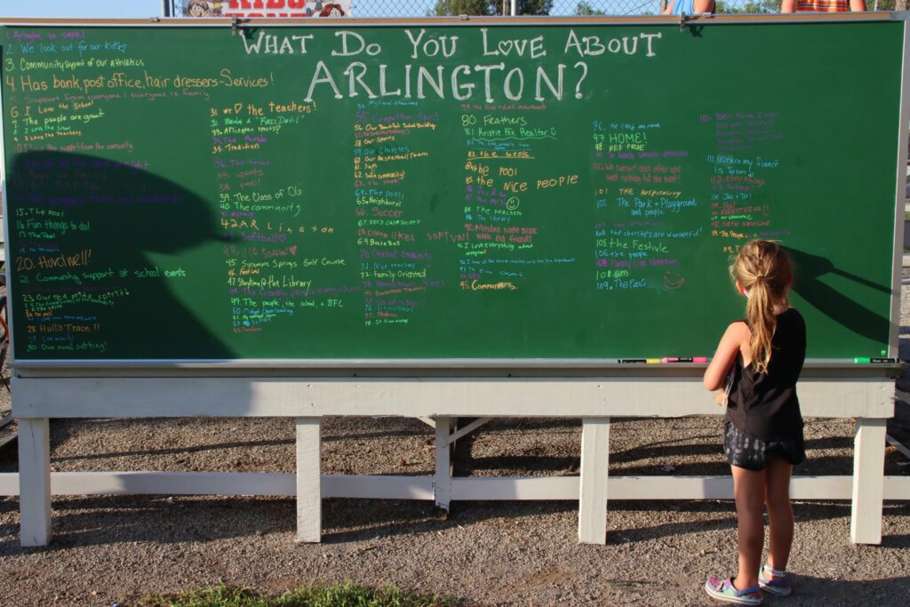 An important part of the Community Heart & Soul process is listening to residents. An important thing to hear: What they love about their towns. Here in Arlington, Ohio, where the Findlay-Hancock County Community Foundation is a partner with Community Heart & Soul, residents of all ages shared what they love about the place they call home on a chalkboard at an outdoor event. Photo credit: Kristie Fox