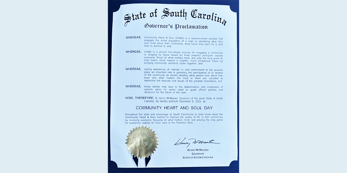 Community Heart & Soul day proclaimed in South Carolina, picture of proclamation signed by Governor