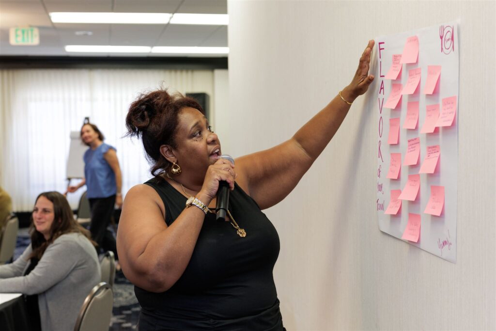 Mika Fields sharing post-it notes examples of favorite restaurants and cafes provided by Coach Gathering attendees.