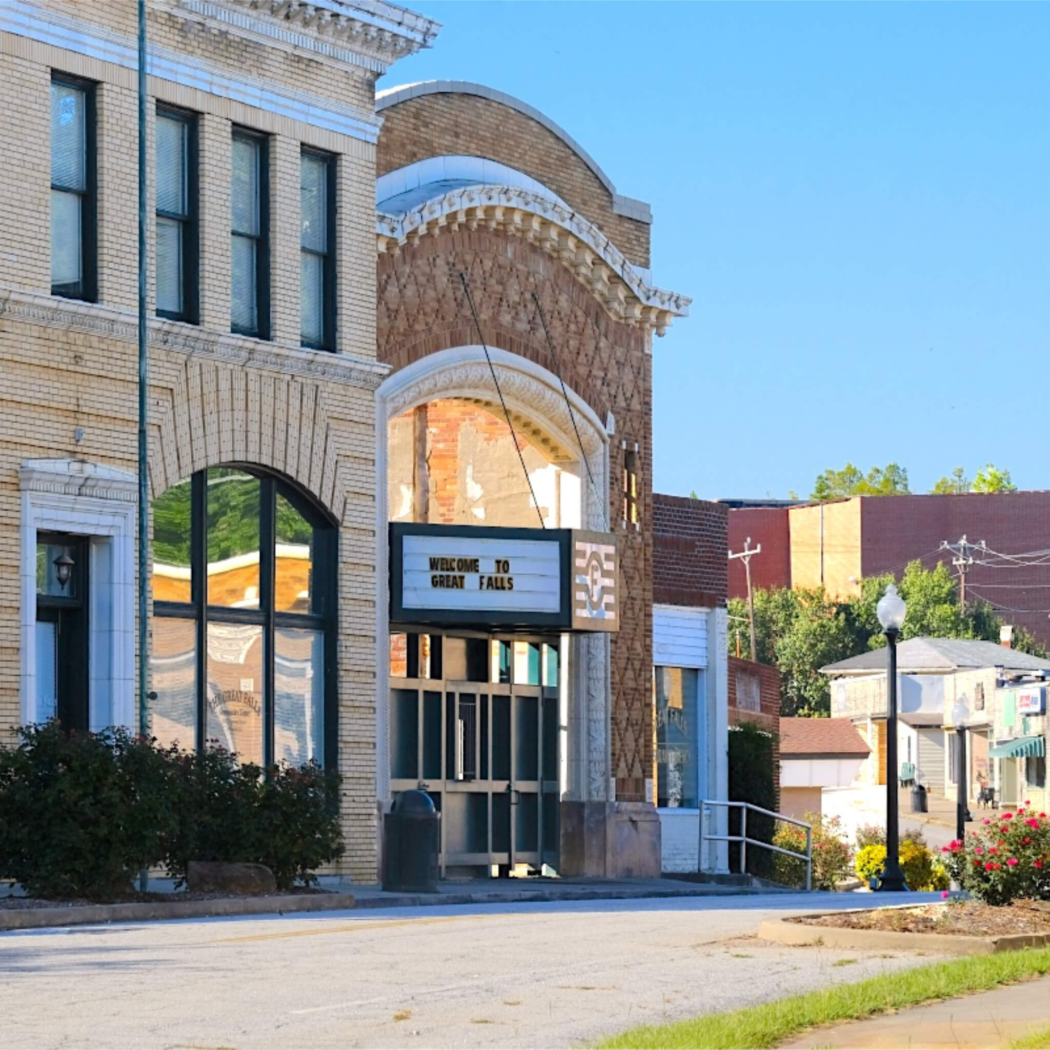 Street with Welcome to Great Falls sign, Great Falls South Carolina
