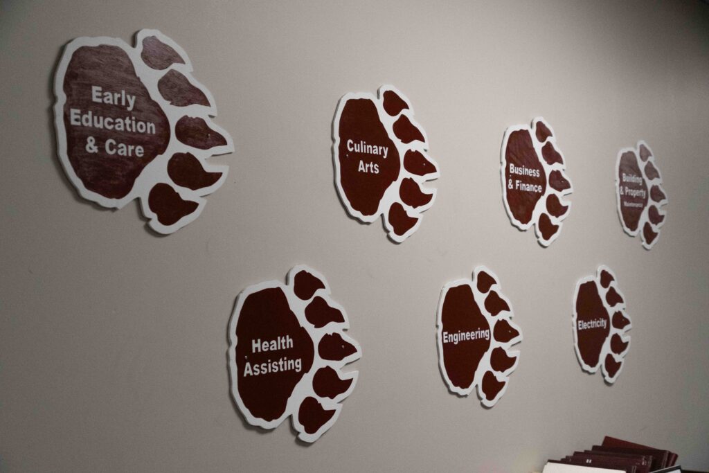 A classroom wall within Leicester High School’s Career & Technical Education (CTE) campus promoting available curriculum.