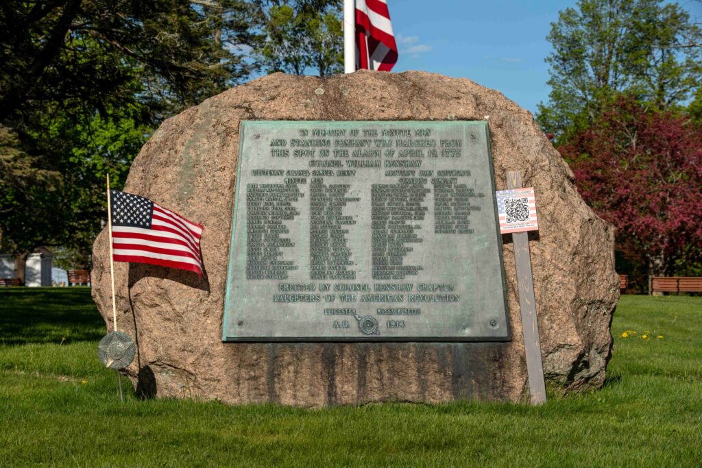 Leicester’s Minute Men Revolutionary War memorial, erected by the Colonel Henshaw Chapter Daughters of the American Revolution in 1914.