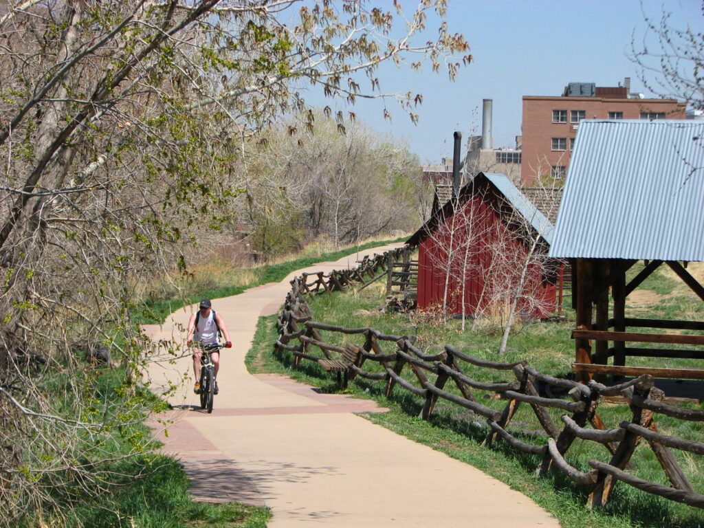 Cyclist on bike path in Golden, Colorado