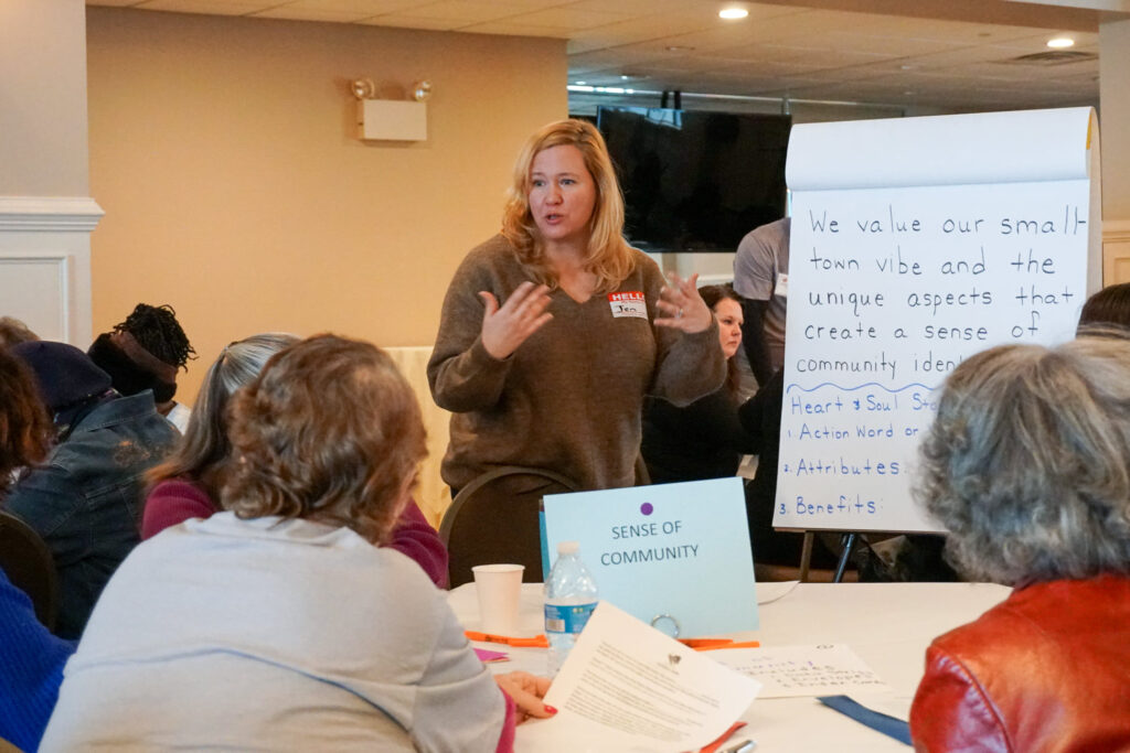 Picture of Certified Community Heart & Soul coach, Jen Danifo, facilitating workshop on civic engagement for residents of Upper Chichester, PA